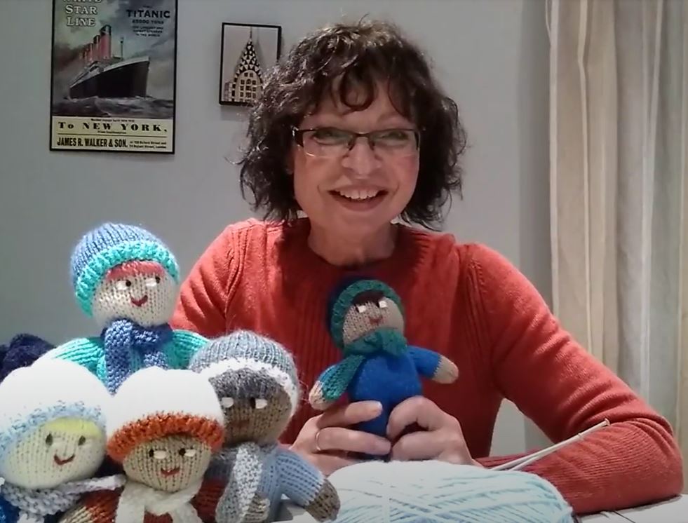 Sue with knitted mascots.