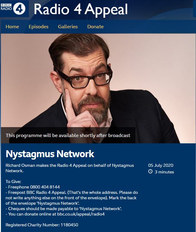 The Nystagmus Network appeal page on the BBC Radio 4 website, showig a picture of Richard Osman and details of the appeal.