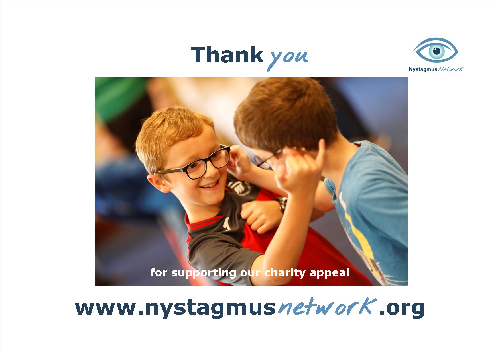 A thank you card from the Nystagmus Network showing an image of 2 boys taking part in a team building exercise.