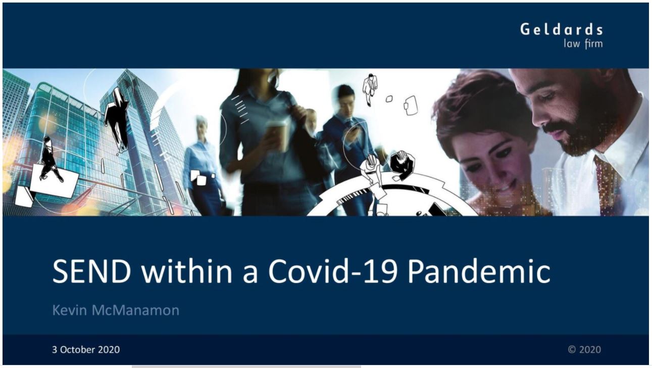 A screenshot from the website of Geldards LLP and the words SEND with a COVID-19 pandemic