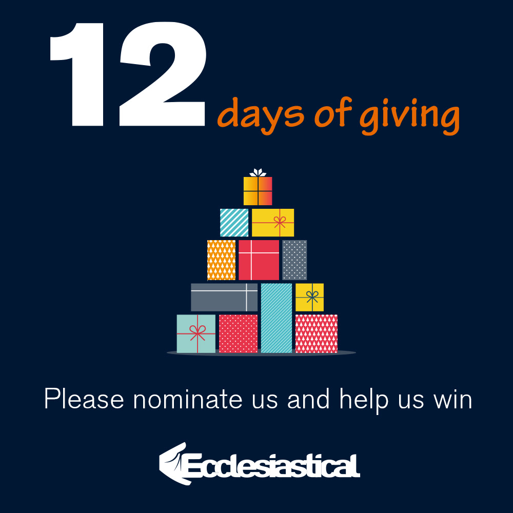 The banner of Ecclesiastical Insurance. There is a pile of 12 Christmas presents and the words 12 days of giving, please noimate us and help us win and Ecclesiastical.
