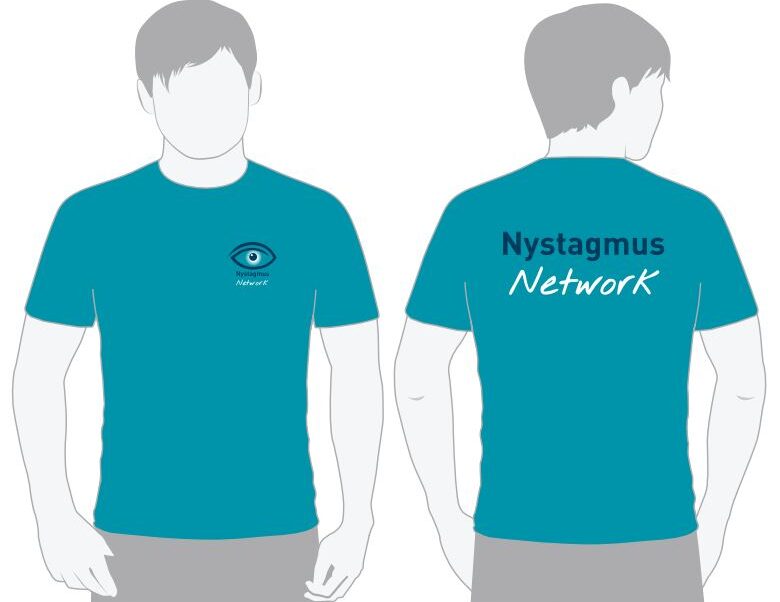 A graphic showing the front and back of the Nystagmus Network T shirt. With the logo on the chest (small) and the back (large).