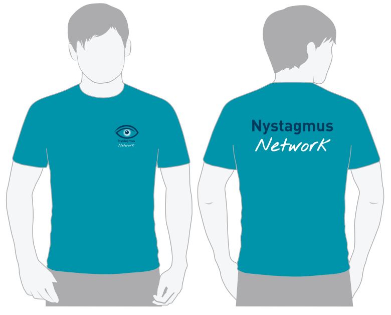 front and back images of the Nystagmus Network T shirt in marine blue with the charity logo