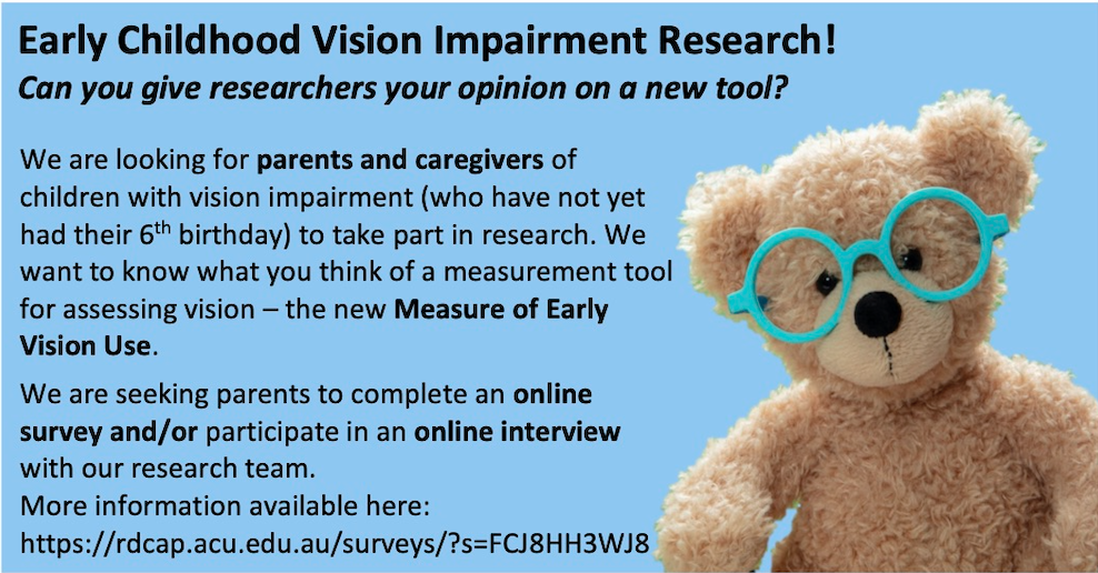 A poster giving details of the MEVU research and an image of a teddy bear wearing green framed glasses.