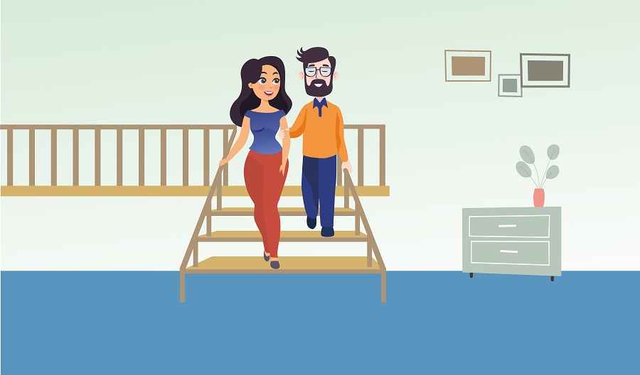 A graphic of a woman guiding a sight impaired man down some stairs