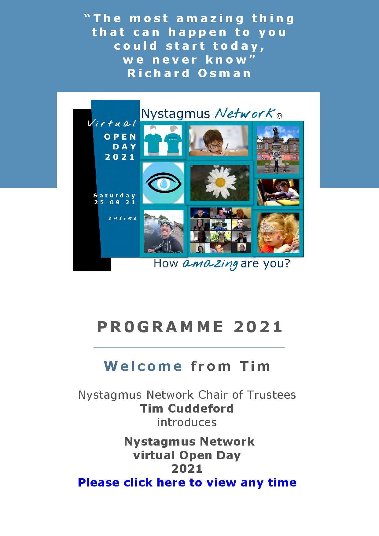 Front cover of the Nystagmus Network virutal Open Day 2021 digital programme.