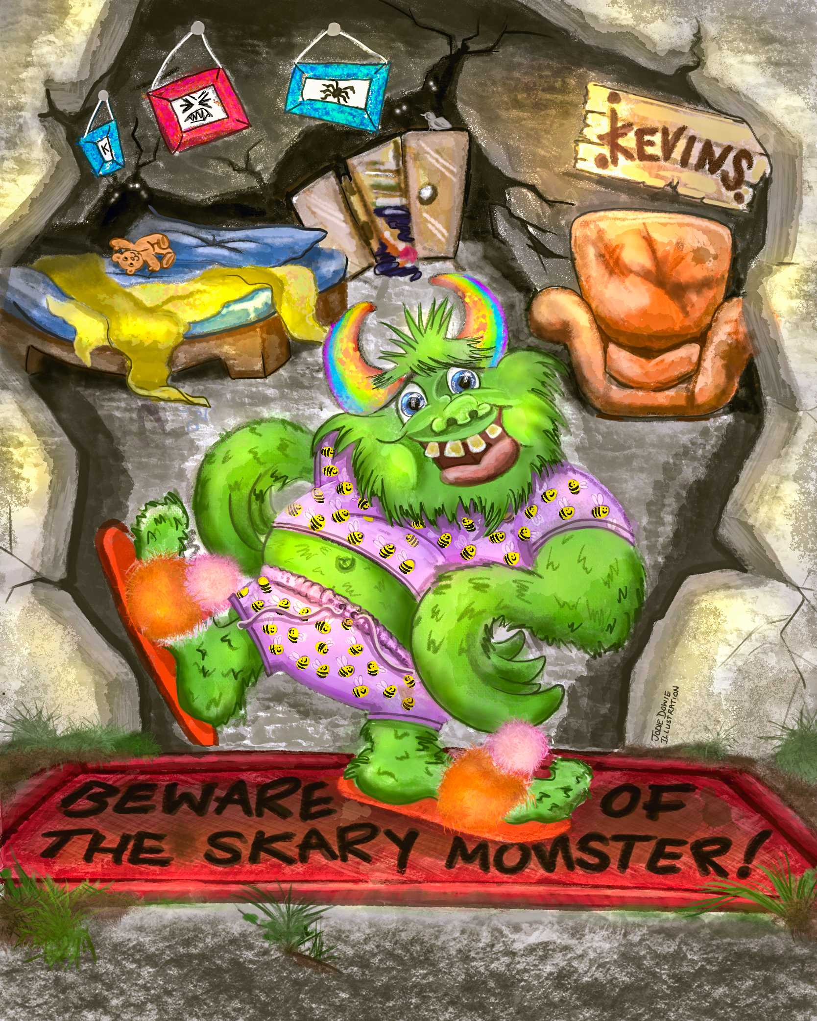 An Illustration of a vwery colourful friendly monster. He is green. He wears pink polka dot pyjamas and fluffy red slippers.