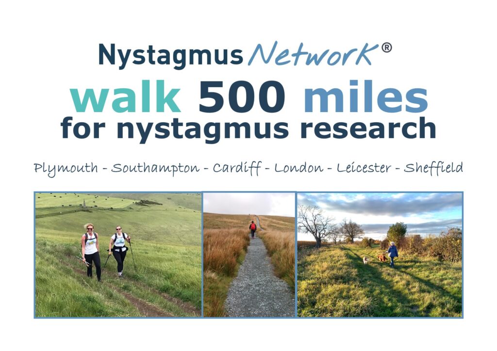 A postcard with pictures of people walking and the words Nystagmus Network walk 500 miles for nystagmus research.