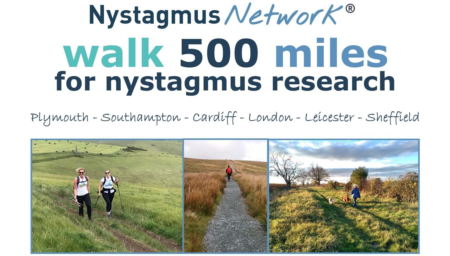 A postcard with pictures of people walking and the words Nystagmus Network walk 500 miles for nystagmus research.
