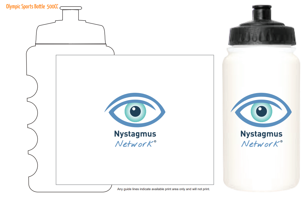 A white water bottle with the Nystagmus Network logo printed on the side.