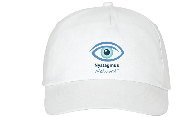 A white peaked cap with the Nystagmus Network logo on the front.