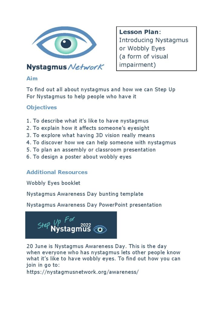 The front page of the Nystagmus Network Step Up For Nystagmus lesson plan.