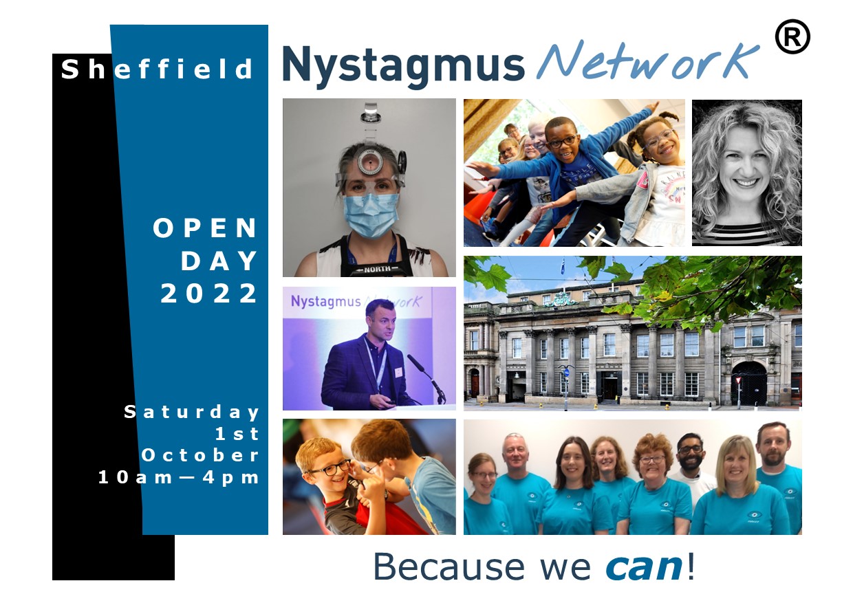 A postcard promoting the Nystagmus Network Open Day 2022 on Saturday 1 October in Sheffield.
