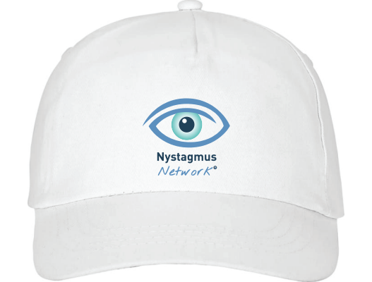 White sun cap with Nystagmus Network logo.