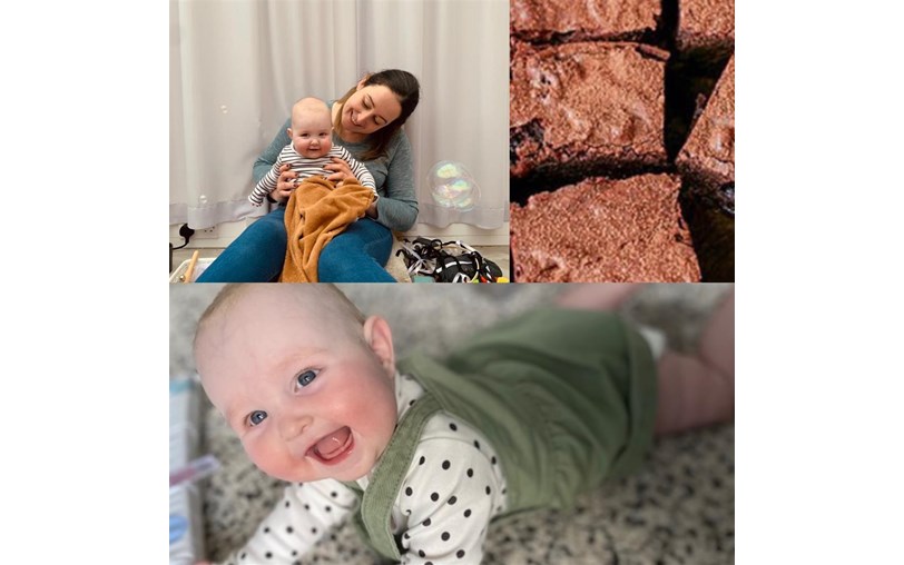 Three images, showing Lucy holding her daughter; Maisie smiling at the camera and some chocolate cake.