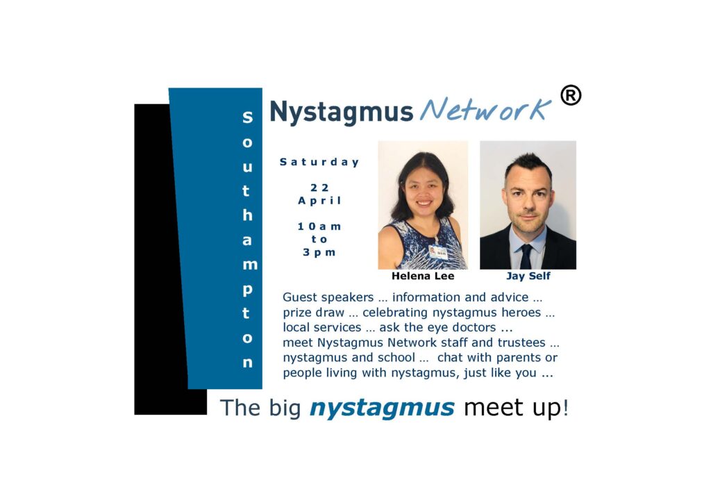 A postcard with details of the big nystagmus meet up in Southampton on 22 April 2023.