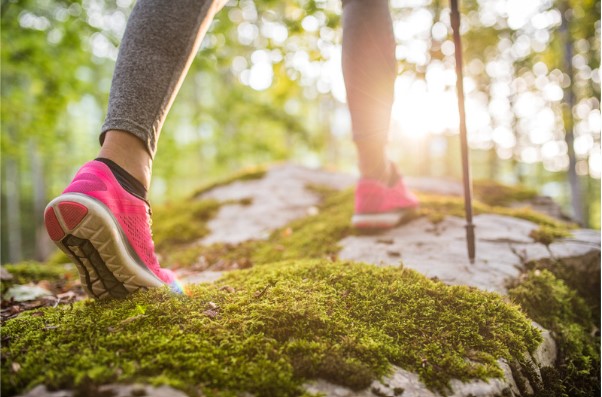 A person wearing pink trainers and holding a walking p[ole is striding over moss covered rocks by a forest.