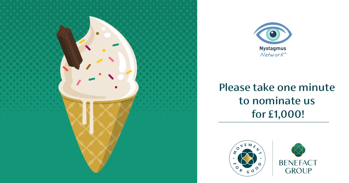 A card featuring the Nystagmus Network logo and an ice cream cornet and the text 'please take a moment to nominate us'.