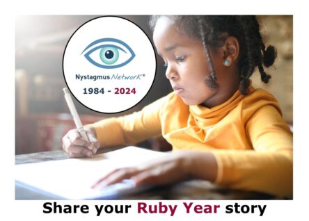 A young child wearing a yellow top is writing at a desk, with the words 'share your ruby year story'.
