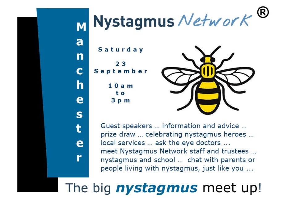 A postcard with details of the big nystagmus meet up Manchester featuring the Manchester bee.