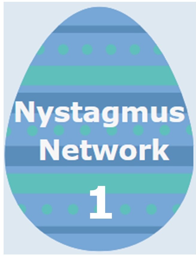 A blue and green striped egg with the words Nystagmus Network and the number 1 on it in white.