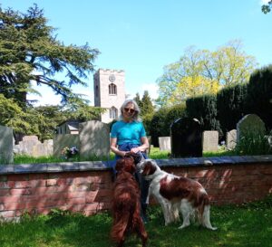 Sue, wearing her Nystagmus Network T-shirt, sits on the wall of a churchyard with her two Irish Setter dogs.