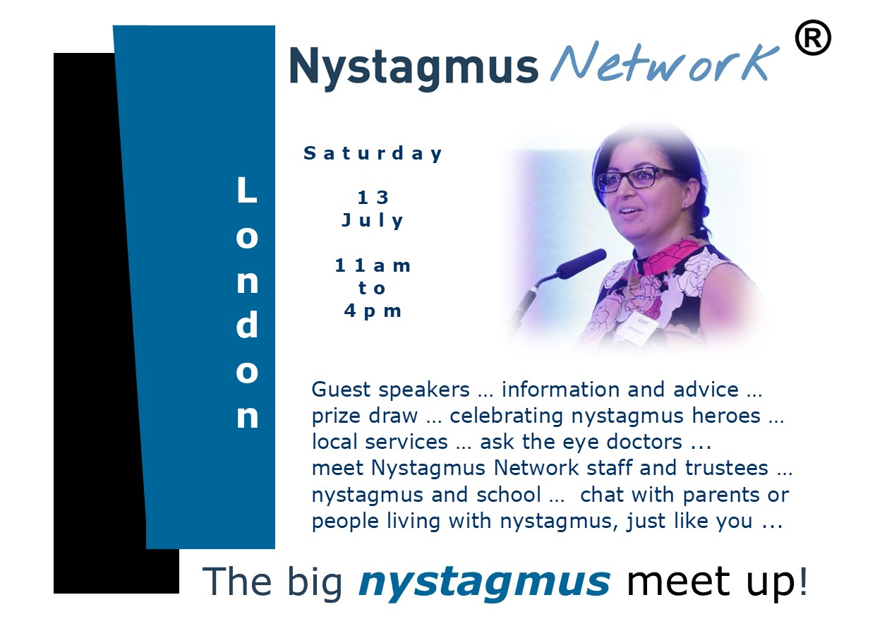 A postcard for the big nystagmus meet up in London on 13 July, featuring an image of Maria Theodorou, a clinician at Moorfields.