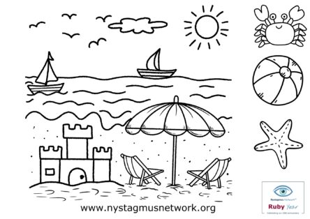 A line drawing of a beach scene waiting to be coloured in.