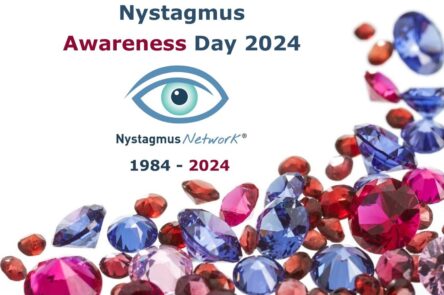 A poster for Nystagmus Awareness Day 2024 with the Nystagmus Network Ruby Year logo and a border of blue and red gem stones.