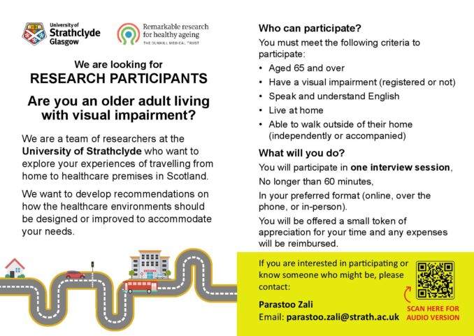 A poster with deails of this research participation opportunity featrung the logo of the University of Strathclyde and a diagram of a map from home to hospital with a car and a bus on a wiggly road.