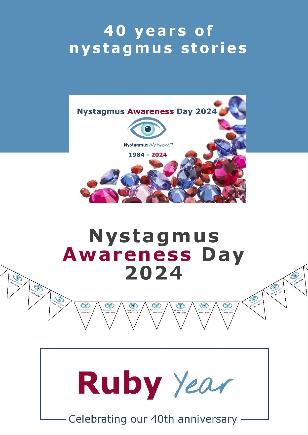 The front cover of the Nystagmus Awareness Day 2024 digital programme featuring the Ruby Year logo and a collection of blue and red gem stones.