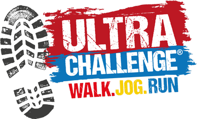 Ultra Challenge logo featuring a boot print and the words Walk, jog, run in red, yellow and blue.