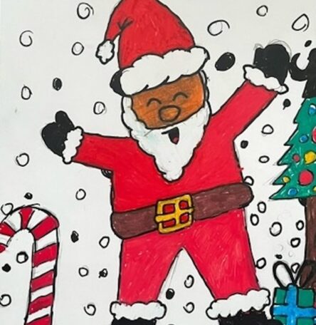 A child's drawing of Father Christmas with a candy cane and tree in the snow.