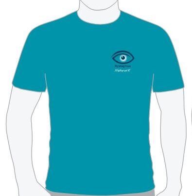 A graphic of a tropical blue T-shirt with the Nystagmus Network logo on the breast.