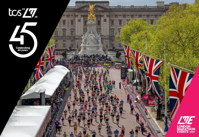 The official banner for the London Marathon featuring the image of a mass run along The Mall with Buckingham Palace in the background.