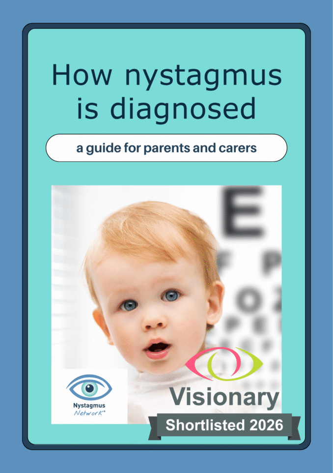 The guide 'How nystagmus is diagnosed' featuring the image of a young child in front of an eye chart with the Visionary shortlisted 2026 logo.